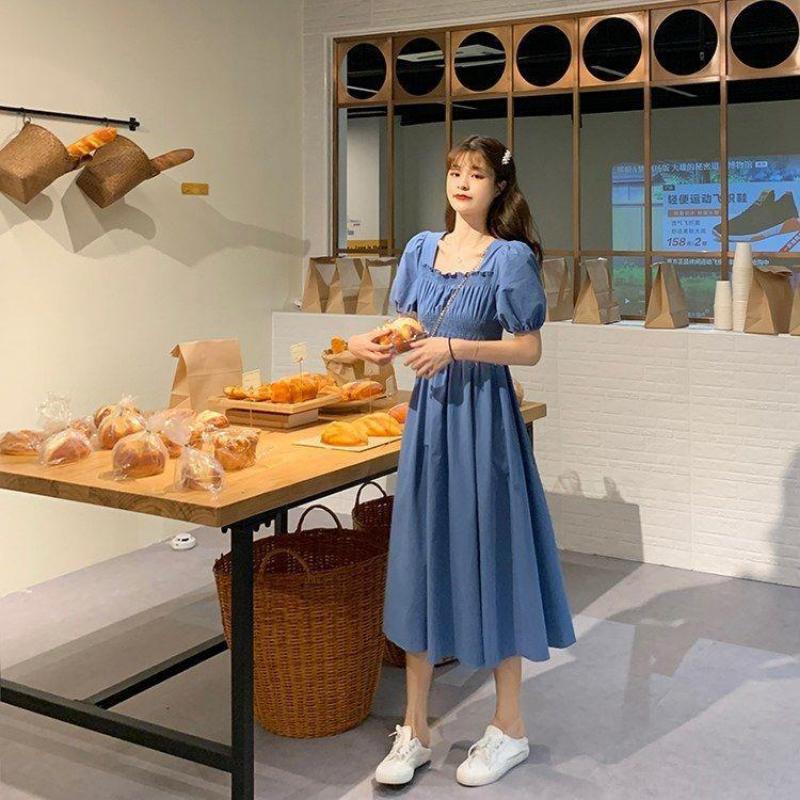 Летние платья Ретро французские платья длиной до колена, с квадратным вырезом и рукавами-пузырьками, с квадратным вырезом и талией