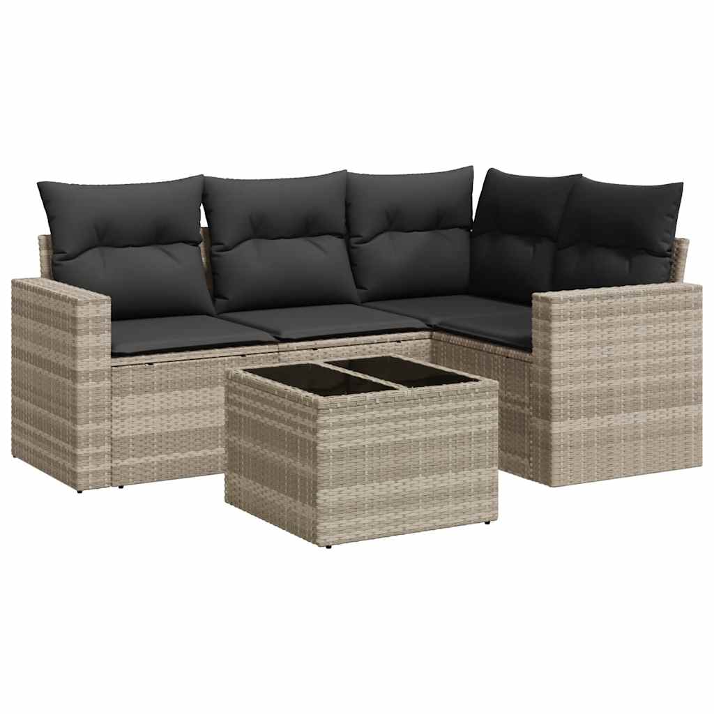 5 Piece Garden Sofa Set with Cushions Light Grey Poly Rattan