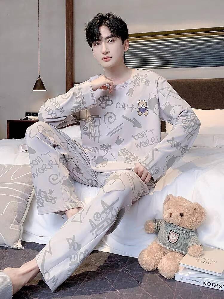 Мужской пижамный комплект большого размера с мультяшным принтом: С длинным рукавом, тонкий, для весны, осени и зимы - домашняя одежда для подростков и студентов.