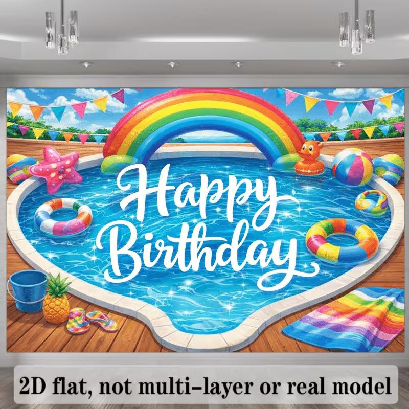 2D Rainbow Pool Party Backdrop Happy Birthday Beach Ball Banner