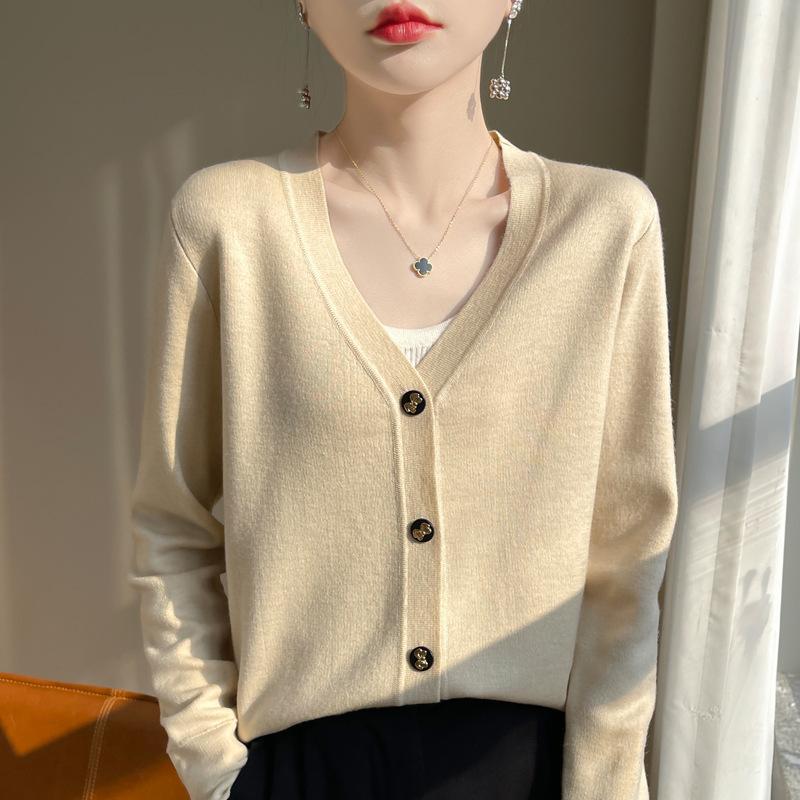 Весенне-осенний нежный ветровой шерстяной кардиган с v-образным вырезом, свитер, женский простой свободный однотонный вязаный жакет