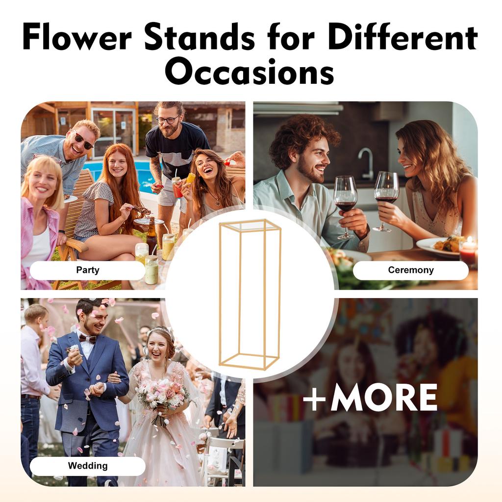 Gold Modern Wedding Flower Stand Metal Centerpiece, Rectangular Table Decor Holder for Party Event Display