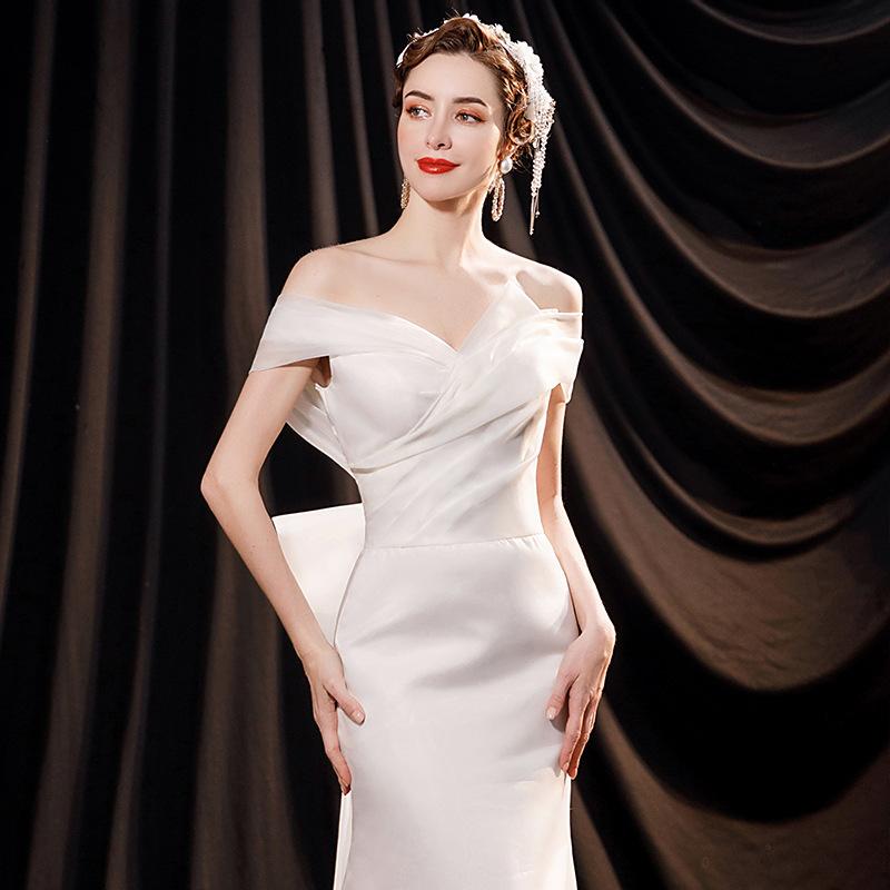 French one-word shoulder light wedding dress 1011 new elegant and sexy slim fishtail small trailing banquet catwalk dress skirt