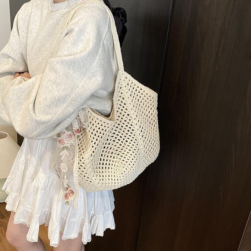Solid Color Crochet Tote Handbag Summer Beach Scarf Decor Fashion Women's Mesh Woven Shoulder Bags Large Capacity Knitting Underarm Bag CLE
