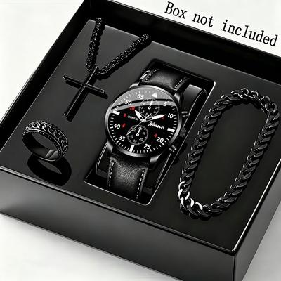 Elegant 4pcs Men's Business Quartz Watch & Fashion Accessory Set -Watch for Men Necklace Men's Bracelet Men's Ring Elegant