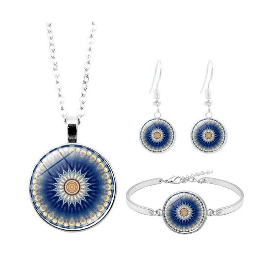 Комплект ювелирных изделий Кабошон Мандала Ожерелье Женщины Кулон Серьги Стеклянный браслет Подарок