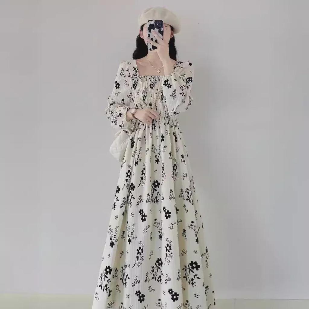 Spring 2024 Women's Floral Long-Sleeve Slim Waist Maxi Dress