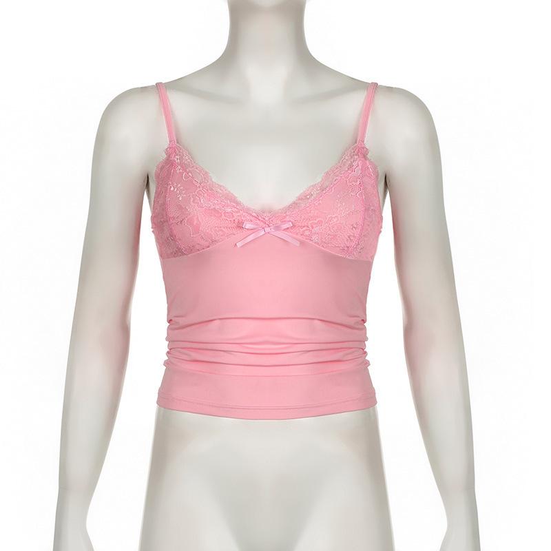 Европейское и американское кружево V-образный вырез бант однотонный на бретелях сексуальный с низким вырезом жилет однотонный облегающий топ
