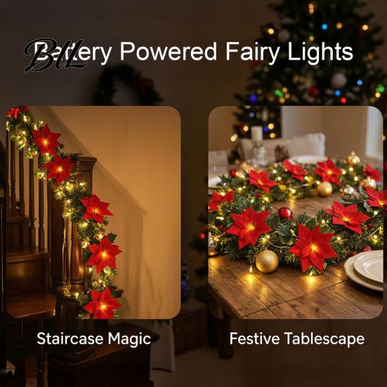 Poinsettia String Lights Christmas Lights, 200/300cm Red Green Floral Garland, Battery/USB Cozy Holiday Window Display Operated Indoor Outdoor