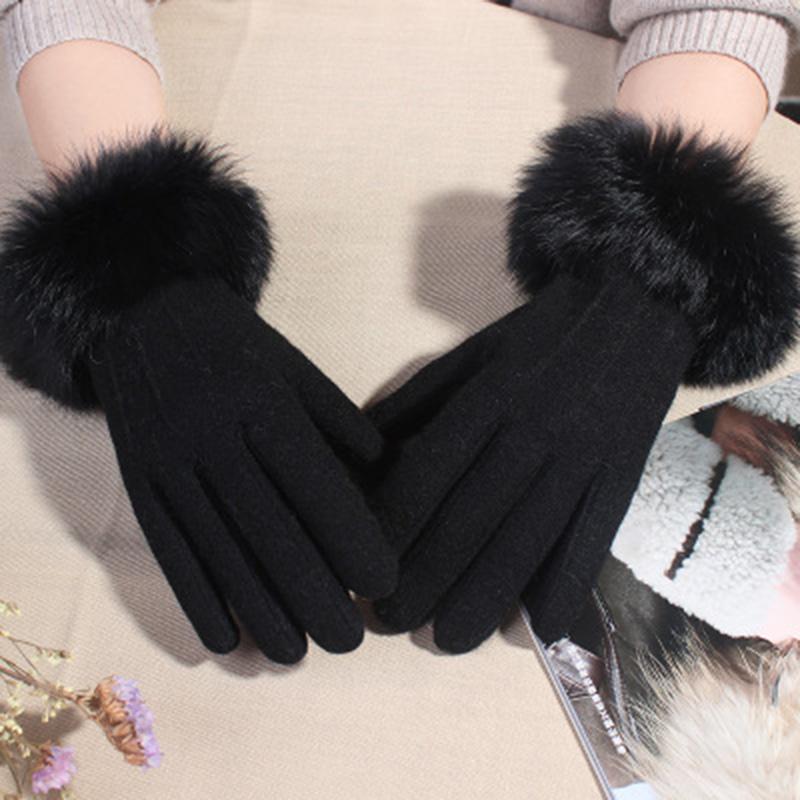Rabbit Fur Gloves Female Winter Velvet Thicken Warm Mittens Cashmere Full Finger Embroidery Wool Touch Screen Driving Gloves H65
