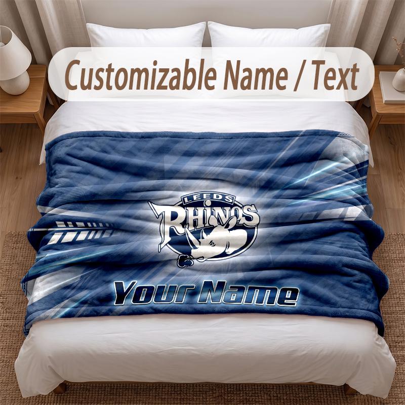 Leeds Rhinos Printed Flannel Blanket Custom Name Text Soft Warm Throw For Bedroom Holiday Gift