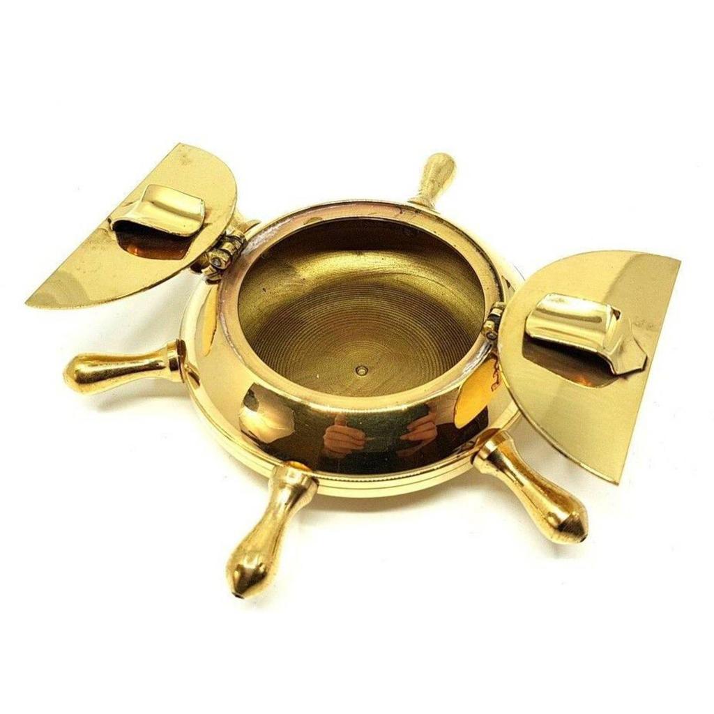 India Brass Nautical Wheel Design Cigarettes Ashtray Gold Brass Ashtray (Pack of 1)