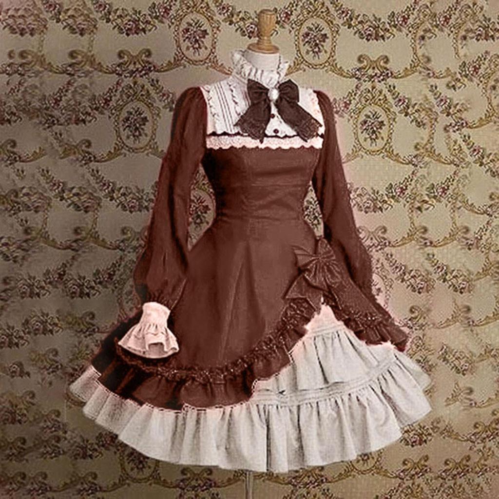 Lady Women Lace Long Sleeve Bowtie Cosplay Costumes Party Dress with Bow Gothic