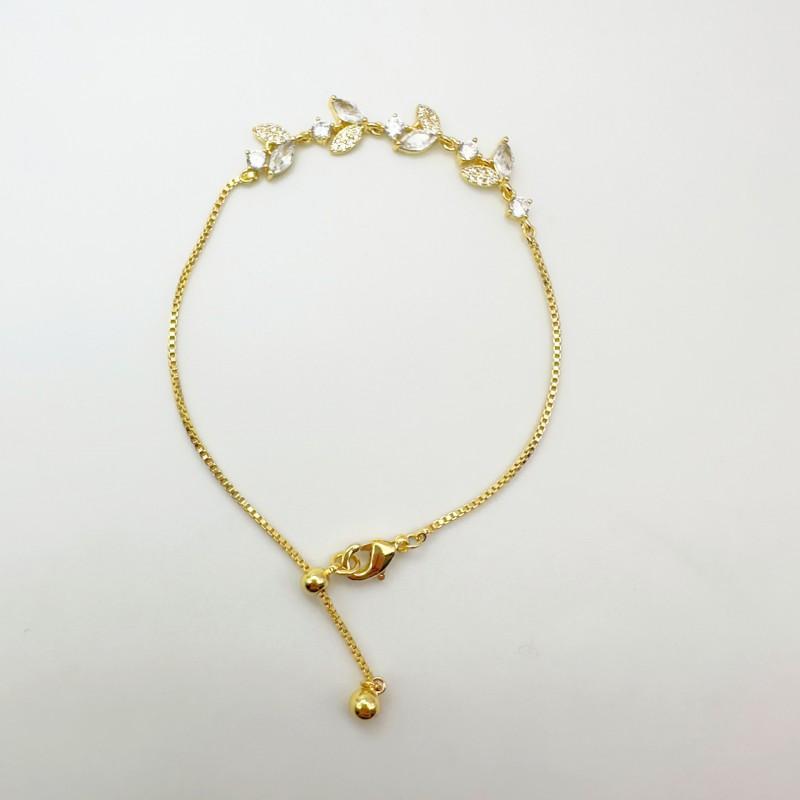 Elegant Leaf Zircon Charm Bracelet Women Minimalist Delicate Gold Plated Adjustable Wrist Jewelry Gift