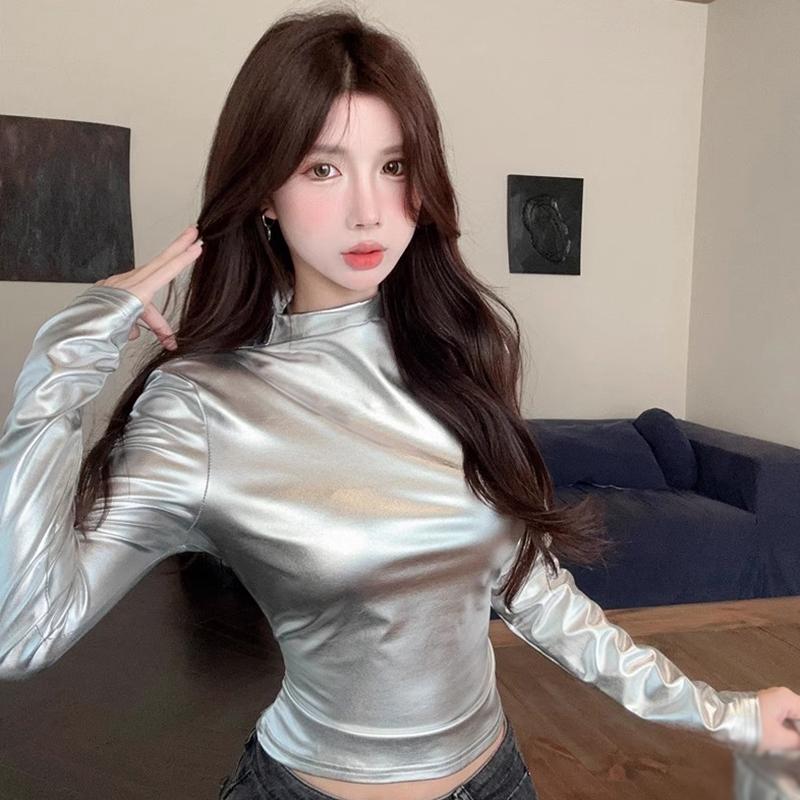 Women's Top Shiny High Neck Long Sleeved T-shirt