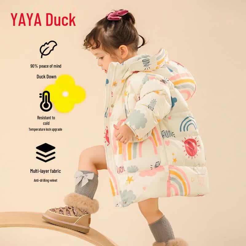 Yaya Girls' Cute Cartoon Print Hooded Mid-length Down Jacket