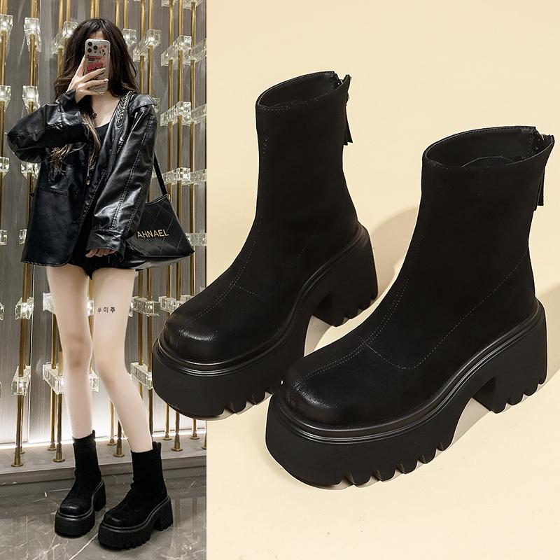 Модные женские сапоги, новые 2024 года, носки, туфли на квадратном каблуке, толстая подошва, увеличенный круглый носок, высокие каблуки, резиновые осенние женские сапоги с застежкой-молнией сзади