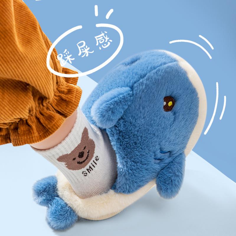 Зимние тапочки из хлопка для мужчин и женщин среднего и старшего возраста, симпатичные хлопковые тапочки с изображением дельфина из мультфильма, домашние тапочки на платформе