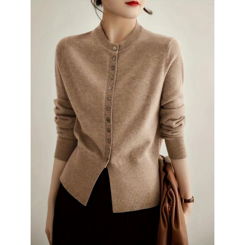 Женский весенне-летний кардиган с приталенным воротом, длинный рукав, круглый вырез, вязаный свитер
