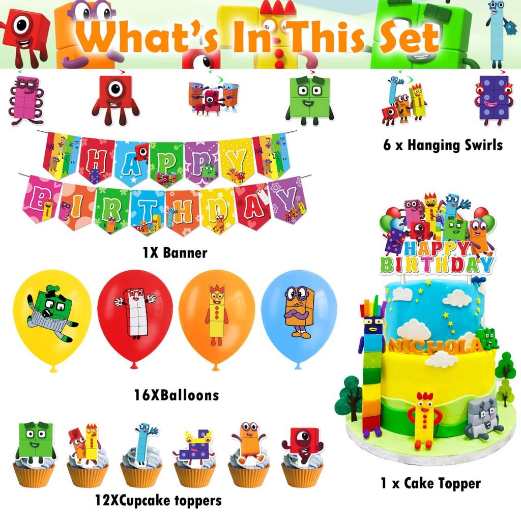 Блоки чисел Персонаж на день рождения С ДНЕМ РОЖДЕНИЯ Торт Празднование дня рождения Подарок Украшения, Воздушные шары, Баннер, Топпер, Наклейки, Дети, Мальчики, Девочки,