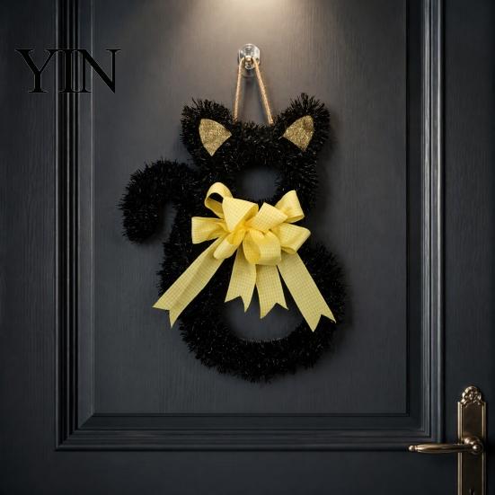 Wall Window Fireplace Decoration Halloween Cat Wreath, Cute Black Shape Door Hanging Ornament, Glitter Tinsel Decorative Fall Accent Wreath