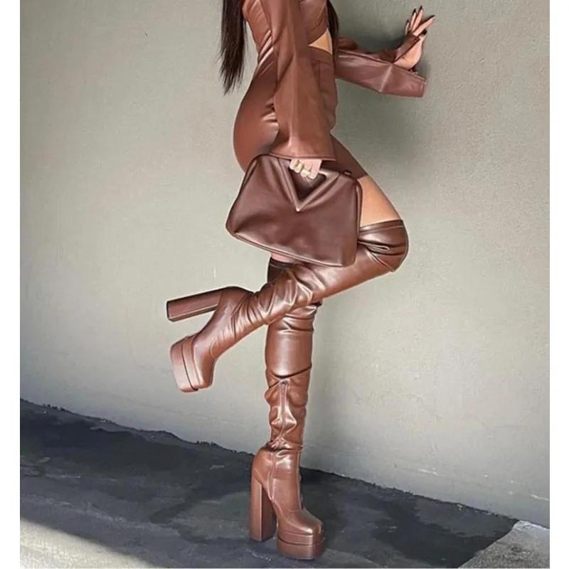 Bonjomarisa Женские высокие сапоги на двойной платформе с высоким каблуком, сапоги выше колена, сексуальные длинные туфли на молнии, сапоги для женщин