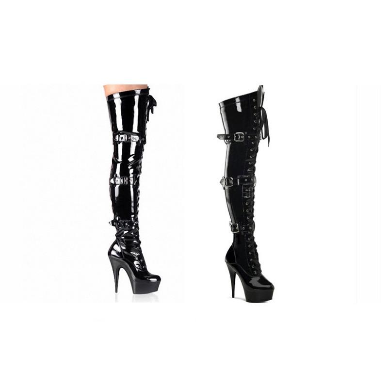 Пикантные эластичные сапоги, ночные сапоги до колена со шнуровкой и пряжкой на ремне, кожаные сапоги для танцев из стальной трубы 15 см YKC