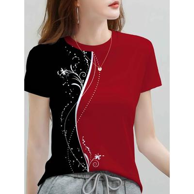 Неправильное черное и красное кружево, женская футболка с короткими рукавами и круглым вырезом, модная, крутая и универсальная женская одежда