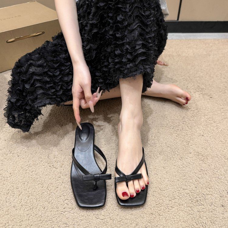 Slippers Women's Summer Wear Fashion High Heels Flip-flops Bow Niche Fashion Sandals 2025 New