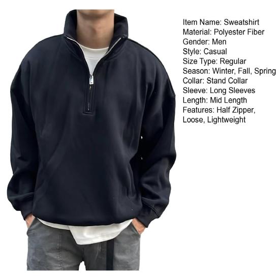Men Fall Winter Sweatshirt Half-zipper Stand Collar Pure Color Loose Pullover Long Sleeves Casual Daily Streetwear Top