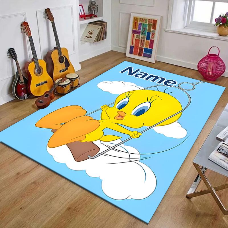 Custom Tweety Mat Personalized Name, Polyester Washable Indoor Entryway Rug, Gift for Christmas, Easter, Thanksgiving Day