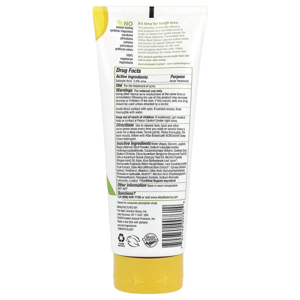 Alba Botanica Acne Dote, скраб для лица и тела, без масла, 8 унций (227 г)