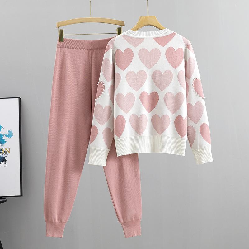 Love Printed Knit Two Peice Set Women Long Sleeve Sweater Pullover Tops Suits Casual Jogger Pants Knitwear Korean Sets