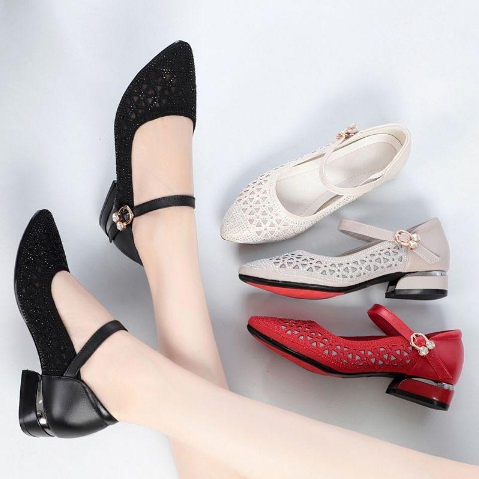 Женские туфли-лодочки со стразами, женские элегантные сетчатые сандалии на дышащей мягкой подошве, сандалии на толстом среднем каблуке, лоферы