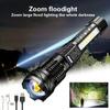 XHP50 LED Rechargeable Flashlight Zoomable Waterproof Torch with Side Light and Built-in Battery for Camping Hiking Fishing Outdoor