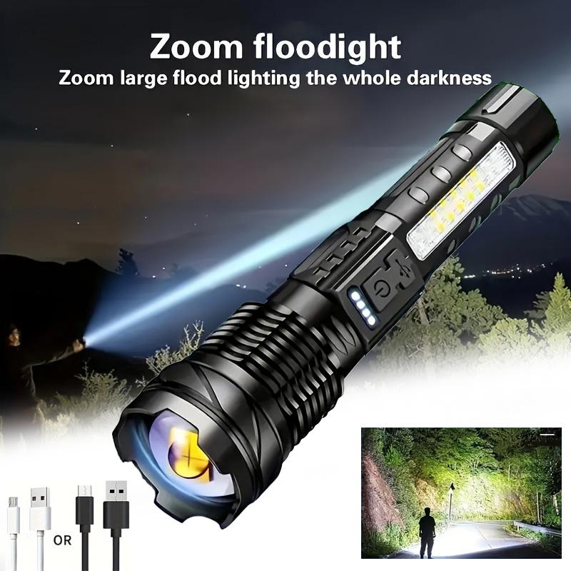 XHP50 LED Rechargeable Flashlight Zoomable Waterproof Torch with Side Light and Built-in Battery for Camping Hiking Fishing Outdoor