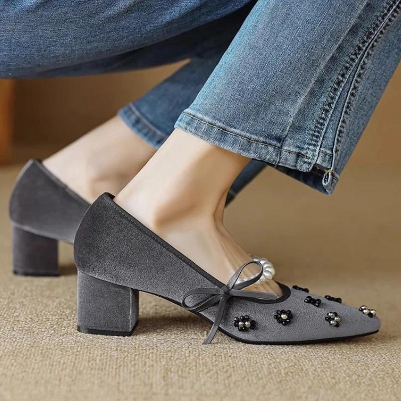 Модные женские туфли-лодочки в японском стиле лолита на блочном каблуке с бантом, на среднем каблуке, массивные, с острым носком, Мэри Джейн, для женщин, готические, с жемчугом, Y2k