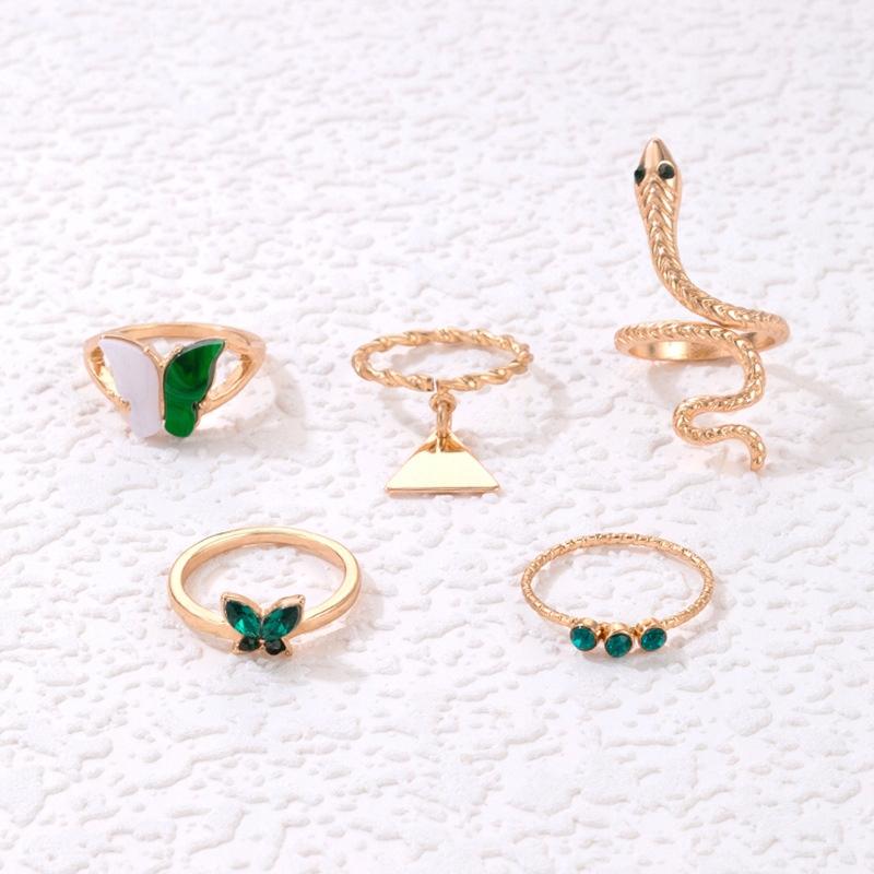 Set Of 5 Golden Rings Retro Punk Vintage Snake Butterfly Green
