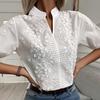 Women Casual Shirt Embroidery Floral Lace Solid Color Pullover Tops Stand Collar V-neck Half