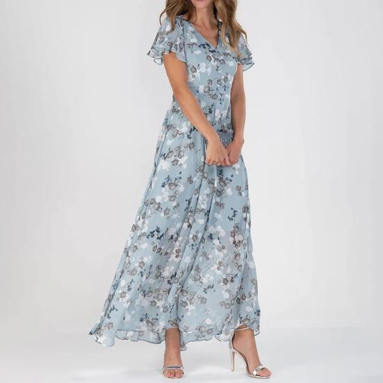 Платье макси с v-образным вырезом и рюшами, короткими рукавами, обтягивающей талией, высокой талией, струящимся подолом, милое шифоновое платье с цветочным принтом, женская одежда