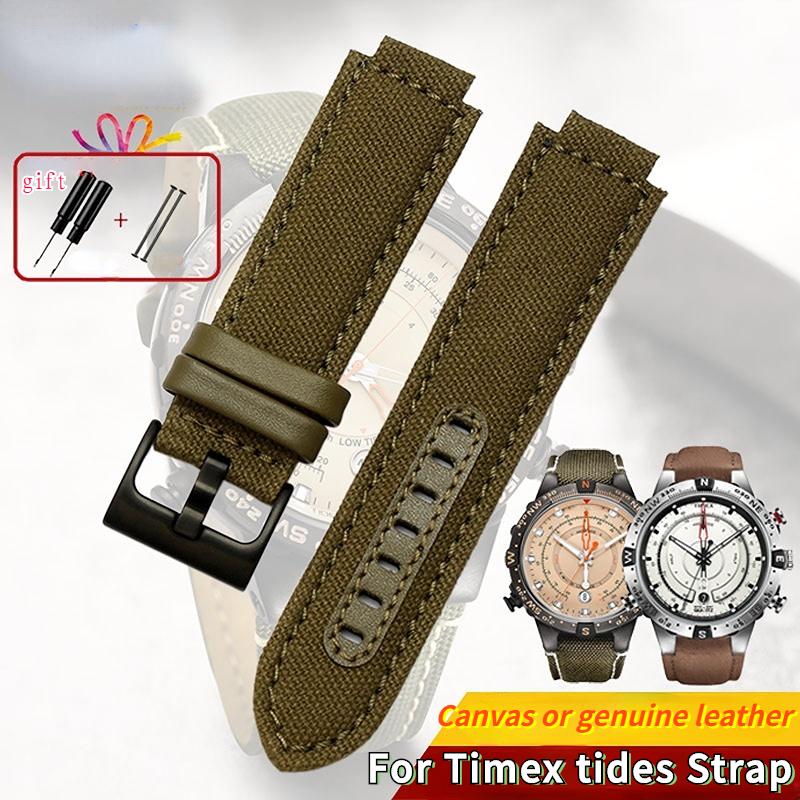 Спортивный холщовый ремешок для часов с кожаной подкладкой Для TIMEX T2N720 T2N721 TW2R55500 24*16 мм Армейский зеленый коричневый Мужской ремешок для часов Браслет