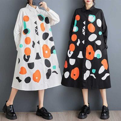 Новые Свободные Большого Размера Платья с Принтом, Сшивные, Повседневные, Простые, Милые, с Длинным Рукавом