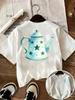 Watercolor Teapot Graphic T Shirt Women Cute Star Tea Pot Print Tee Kawaii Aesthetic Short Sleeve Casual Loose Top Goth