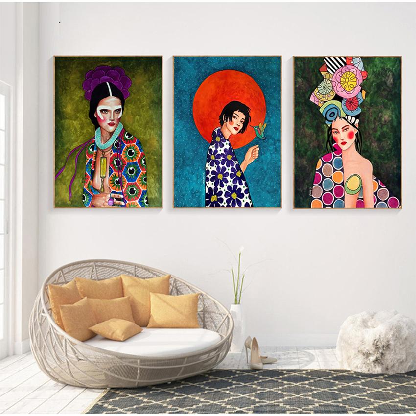 Настенные панно Cuadros для гостиной, винтажные без рамы, абстрактные красочные девушки, настенная живопись на холсте, плакат на скандинавскую тему, цветочные волосы