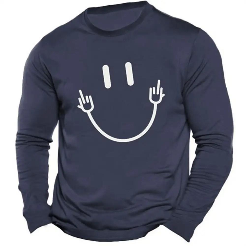 Футболка с длинным рукавом с 3D-принтом и рисунком смайлика для мужчин, простая мода, с объемным круглым вырезом и длинным рукавом