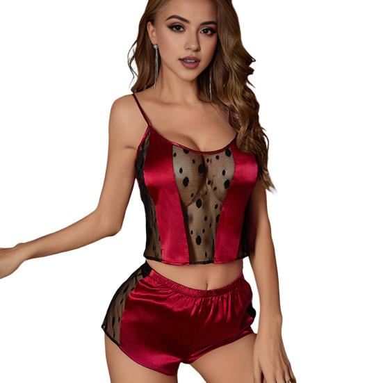 2 шт./комплект, женская пижама, атласная, регулируемая, на тонких бретельках, без рукавов, укороченный топ, прозрачная, кружевная, в стиле пэчворк, пижама для спальни, дома, повседневная ночная сорочка