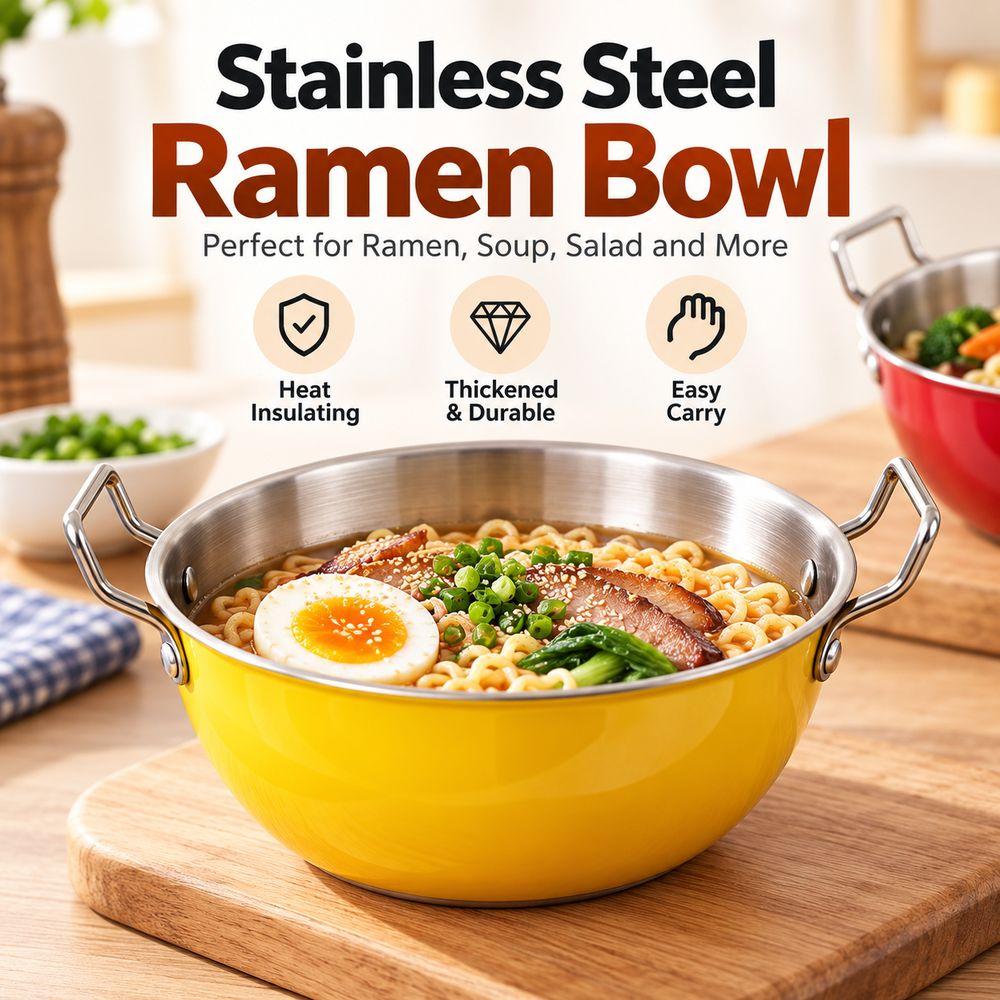 Stainless Steel Ramen Bowl Double Ear Handles Mixing Bowl New Soup Bowl Home Kitchen