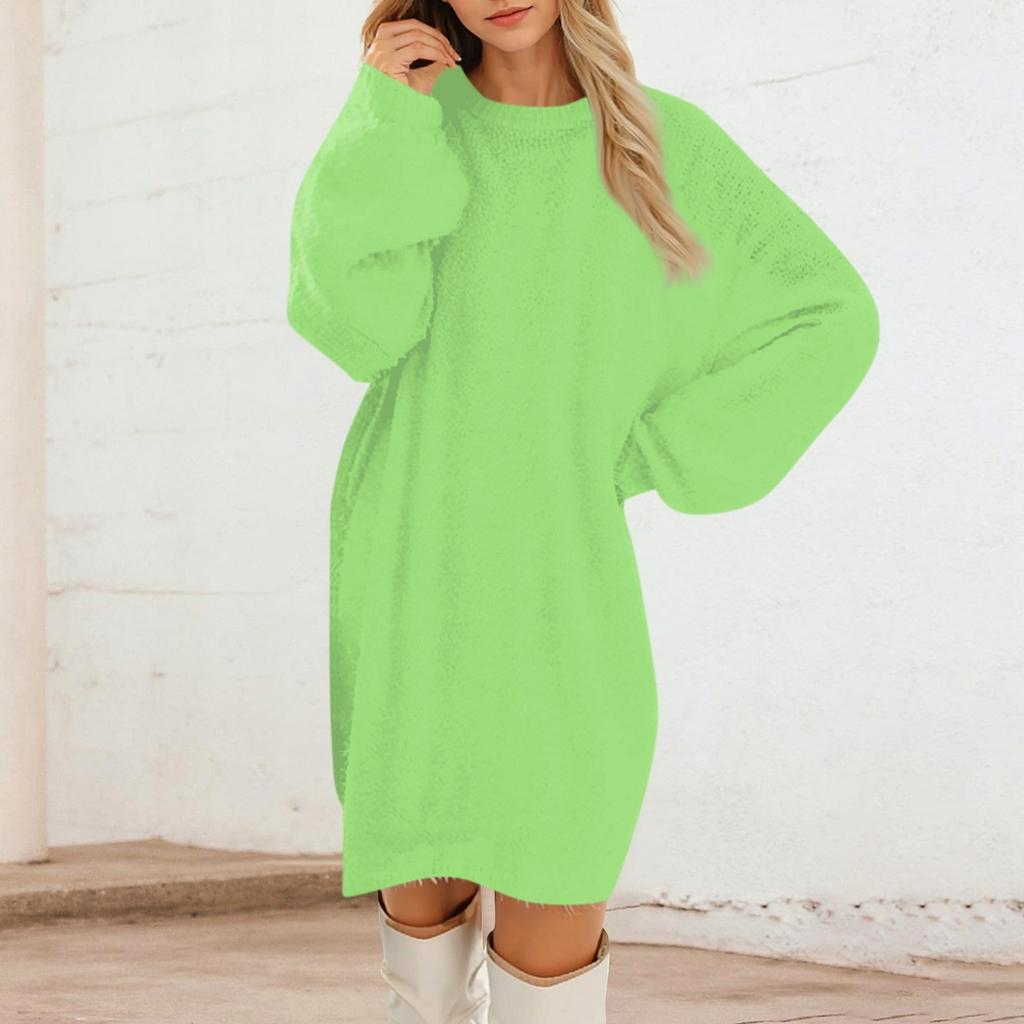 Women's Round Neck Casual Long Sleeve Plush Solid Color Dresses