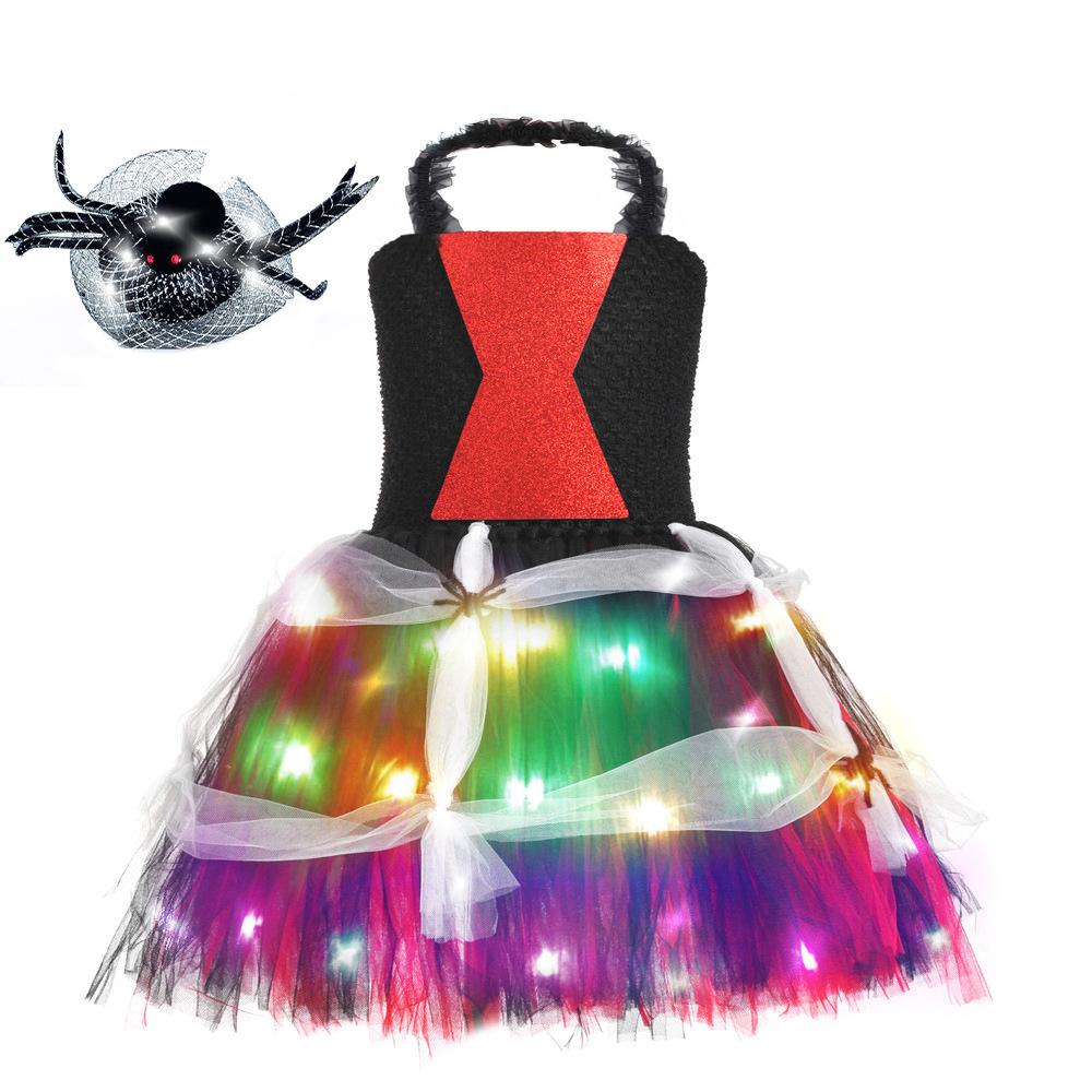 Kids Halloween Cosplay LED Heart Glow Tutu Dress, Color Block Handmade Skirt with Magic Wand Black