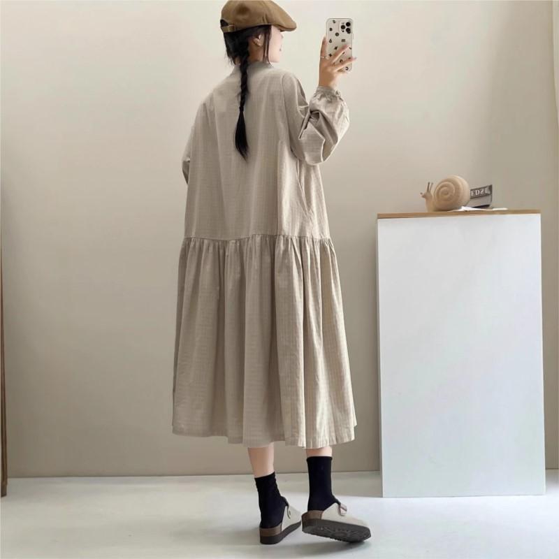 Johnature Платье в японском стиле с воротником-стойкой в клетку, весна-осень, ретро, универсальные, свободные, женские платья в стиле пэчворк